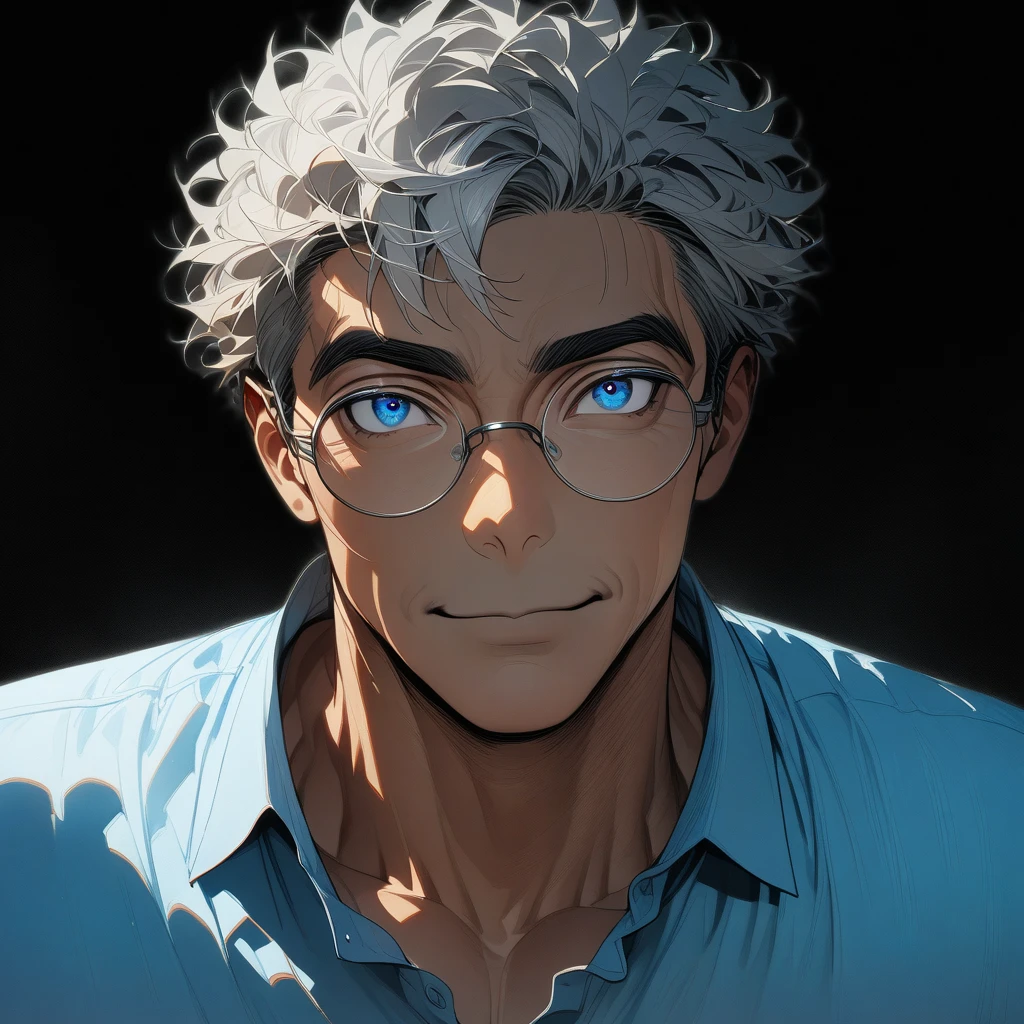 man, 35 years old, maduro,  silver hair , blue eyes and rounded glasses,  Broad shoulders, button down shirt, sexy, close-up