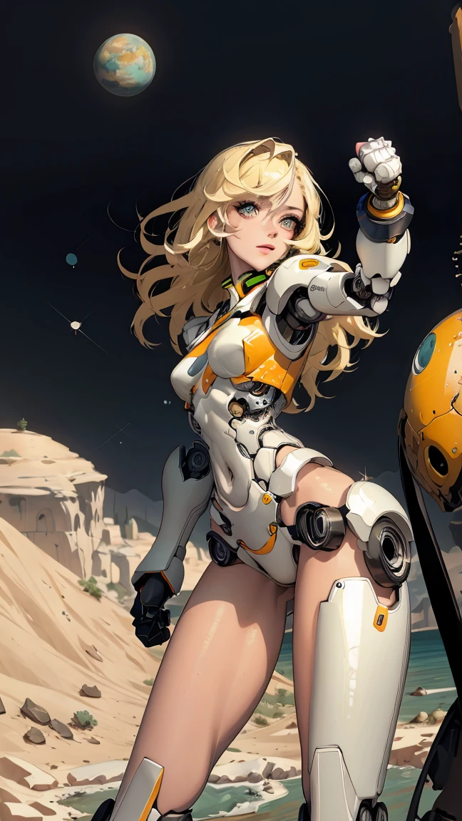 high quality, 4k, masterpiece, beautiful, cyborg girl, cowboy shot, dull eyes, front, looking at viewer, long blonde hair, girl, small breasts, fit thighs, robotic arms, robotic body, cyborg body, white & yellow uniform, orange accent, intricate detail, joint, detailed lines, robotic detail, holding fist up, holding hand up as fist, color robotic parts, robotic parts with color, perfect fingers, on a desert planet, sunny background, colorful desert, a river or a lake in the background, slender thighs, skinny thighs,