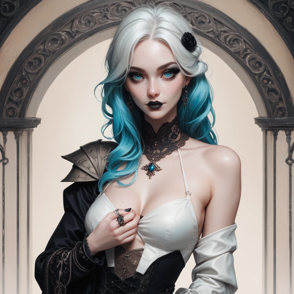 Generate an image of 22-year-old woman
with a gothic style
shoulder length wavy white hair short
dark long medieval dress
black rings
black pointed nails
cyan eyes
full body, white hair with blue tips
black lipstick
black eye makeup
long legs