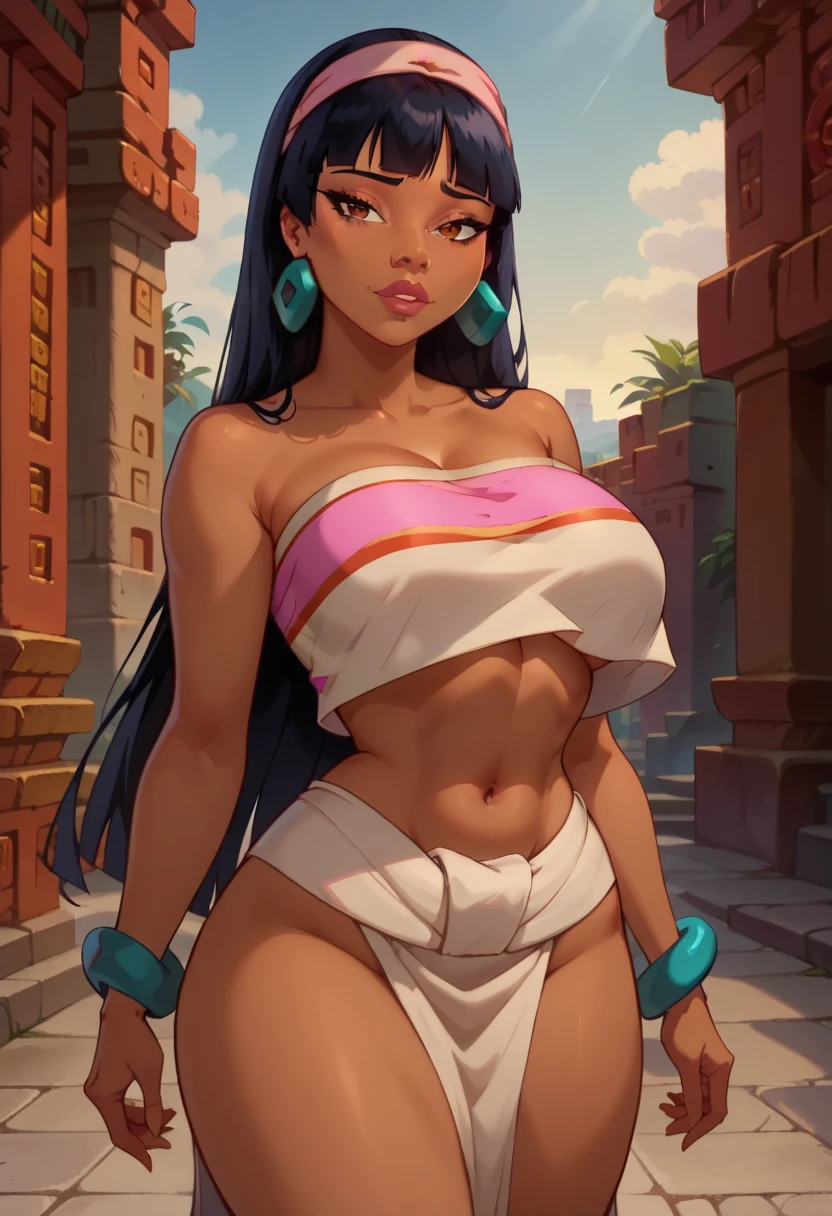 score_9, score_8_up, score_7_up, 1girl, High resolution, Very detailed, perfect lighting, beautiful detailed eyes, ((masterpiece, Best Quality)), absurdities, Alone,  Chel  \(The Road to El Dorado\),  black hair, bangs, long hair, brown eyes, dark skin, black skin, rhombus stripe,(Pink headband:1.2), stupid,(stupid lift:1.5),Huge breasts, Expressiveh, 