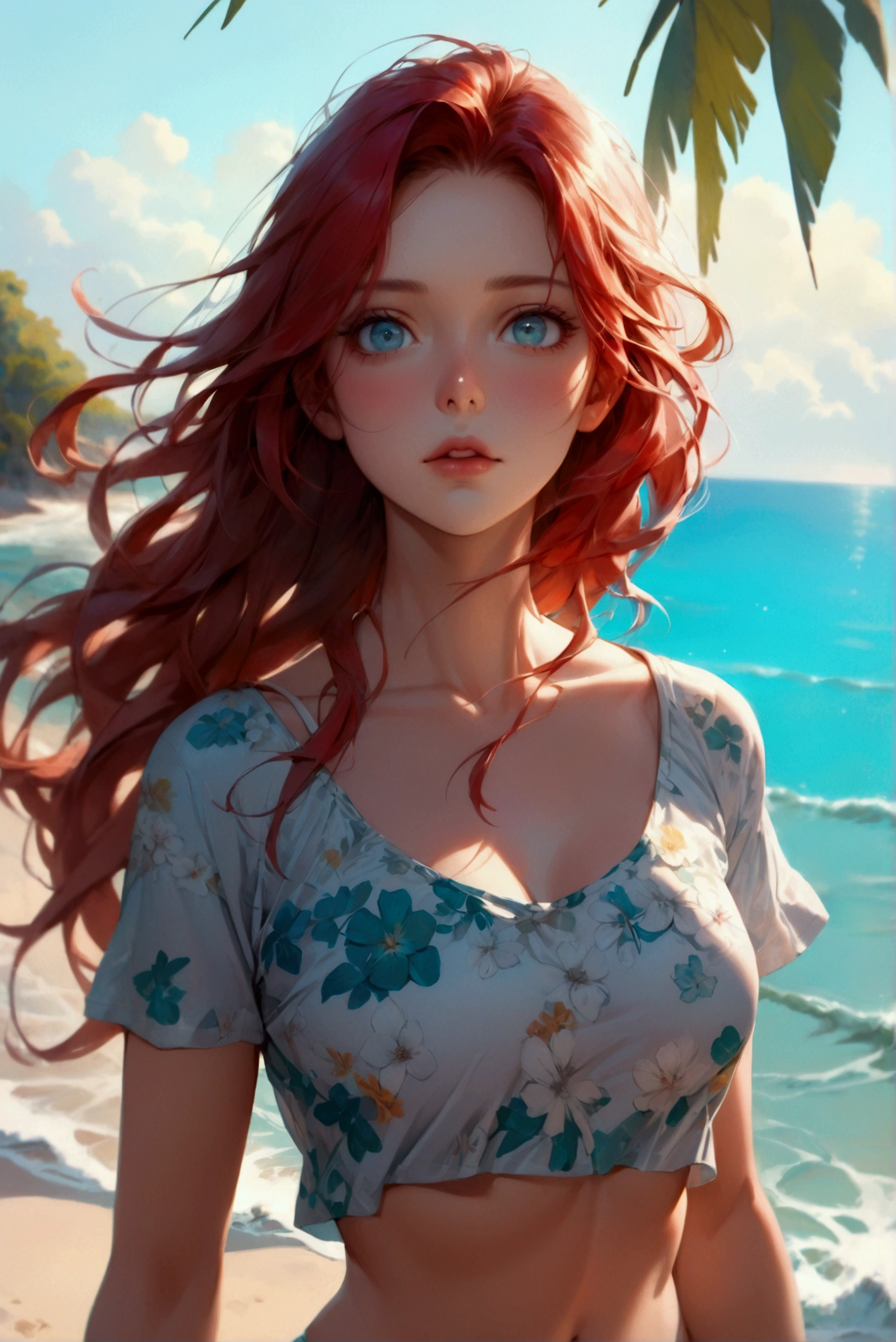 (best quality,ultra-detailed,photo-realistic:1.37), A full-body cinematic shot from above captures a sexy Irish woman at leisure walking on the sandy shore. Under the clear sky, her long wavy red hair is flowing in the ocean breeze, as she is subtly glaring at the camera, giving the viewer a gentle seductive look. Her square face is adorned with pale-green slanted eyes, low cheek bones, Roman nose, square chin and glossy lips. Her cool-undertone fair complexity matches very well with her beach outfit featuring a gray t-shirt paired with a tiffany-blue bikini pants in floral print, accentuating her carefree moment at the beach. The shot is set against an aquamarine coastline in the evening overlooking the deep blue ocean, and tropical flora swaying in the gentle breeze. (full-body shot), (anatomically correct), (walking), (looking at the viewer), (from below), (square face, square chin, slanted eyes), intricate details, (seductive), cinematic, ((wide angle)), (gray t-shirt, bikini pants), vibrant colors