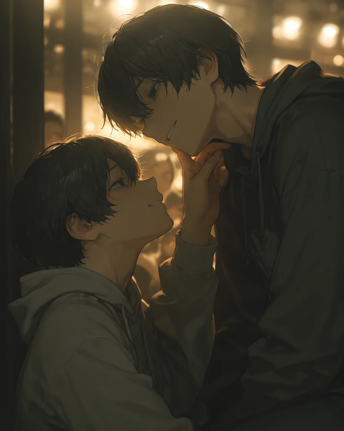 masterpiece,  best quality,  748 cm room. ****2 men, twin brothers****,  blurry background,  depth of field, Natural light,  Soft lighting , Indoor,  short black hair, black eyes,  very detailed,  very beautiful ,  absurd,  blurry background,  Yandere,  dark ,  dark  빛, Good hand, Detailed eyes,  looking at the audience ,  good-looking,  sexy,smile facial, muscular body, Hoodie,  side view ,  see the audience 

