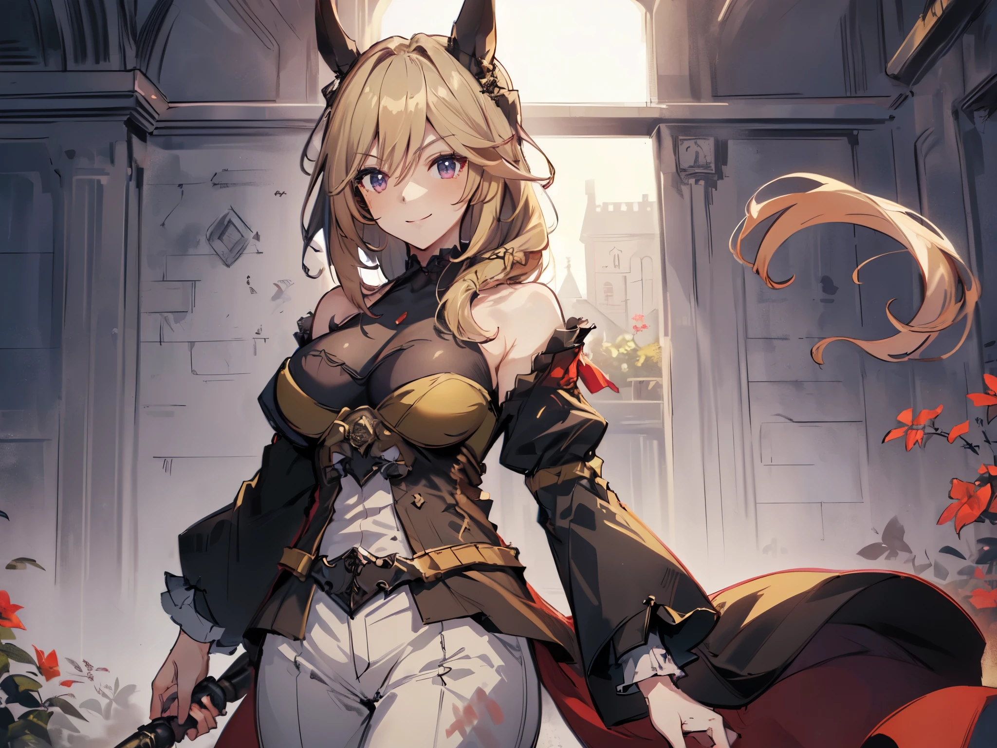 (Solo:2), (1 female:2), (Blonde, long hair, yellow top, white pants style), (Durandal), (Horse ears), (Big breasts), (Short fingers, short arms), (Smiling, looking at camera), (Red Castle garden), (Sunset), (Focus on chest), (Carefully drawn, amazing artwork, best quality, high resolution, 8K, detailed, delicate),