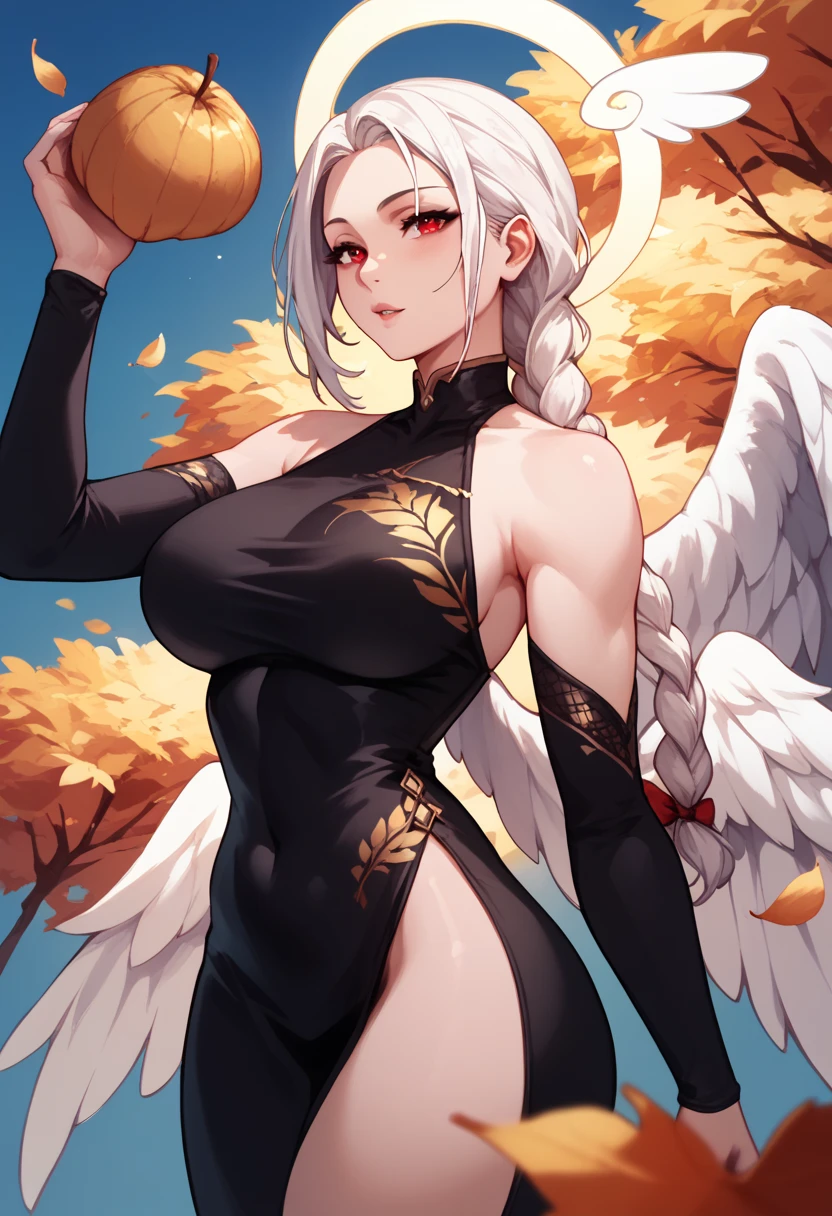 Woman, white hair, braided ponytail, Black dress with golden leaves print Neckline , Red eyes ,Big breasts,Six large angel wings,