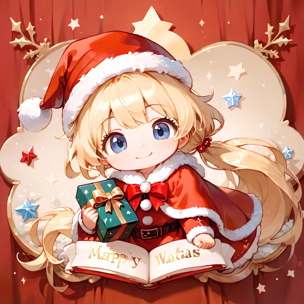 1 girl, cute, chibi, big droopy eyes, blue eyes, long blonde hair, ponytail,
holding placard, Santa Claus costumes, hat, smile,
(masterpiece, best quality, hyper detailed:1.3),