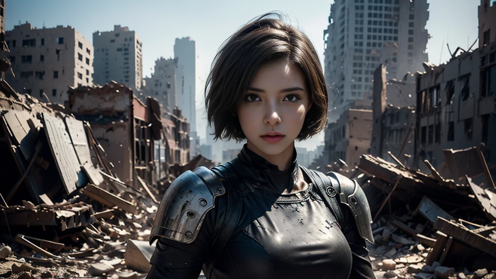 masterpiece,  high resolution ,8K,( Portrait Photos:1.5),(R Original Photo),Reality,Digital Photography,(Ruins of the Apocalypse  ),City ruins，20 year old pretty female ，Short hair，Shut up，  post-apocalyptic scene ， Upper body photography ，Damaged Armor，Full figure