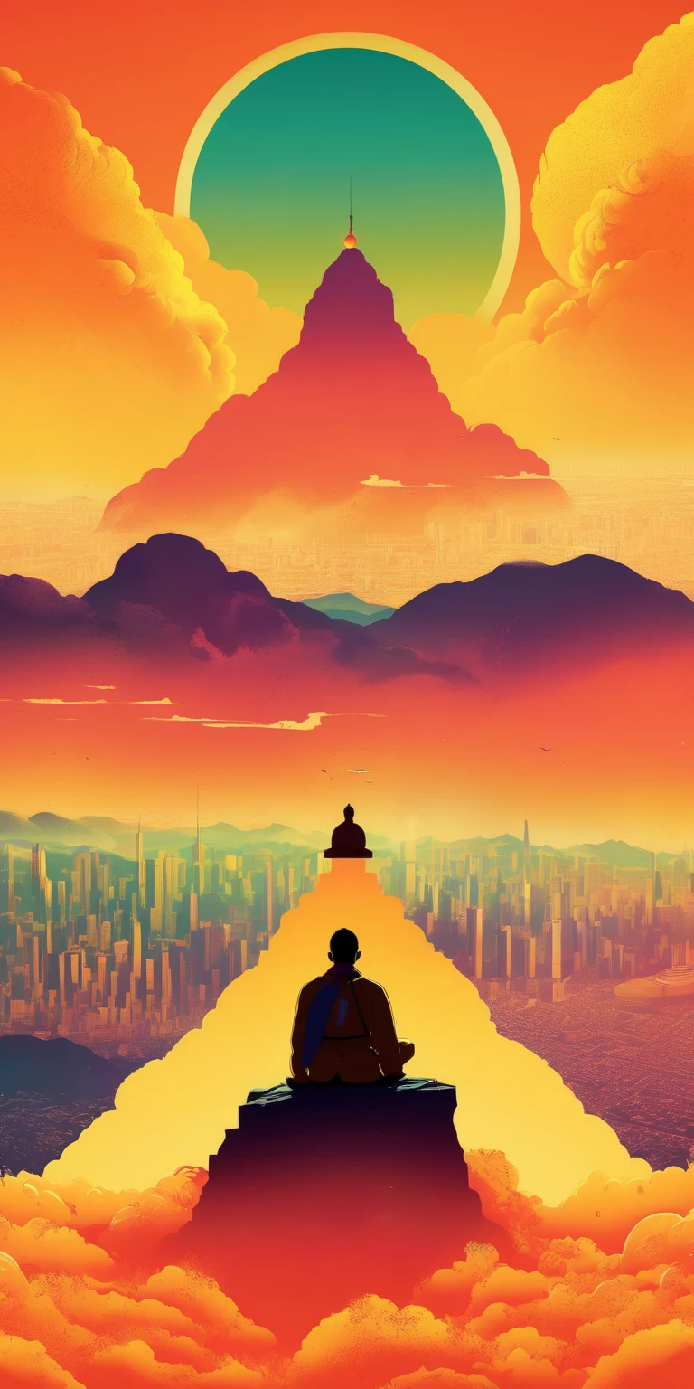  Kilian Eng style with citrus colors. Acid a poster of a man with his back sitting on his back on the top of a mountain meditating, And in the background a distant city with some tall and faint buildings. beautiful  movie poster , Key art of the film ,  movie poster without text ,  movie poster ,  movie poster , movie poster style ,  film grain,  concept art of the film , ,  cinematic wallpaper 4k ,  cinematic wallpaper 4k , filmic,  cinematic atmosphere , , film records,