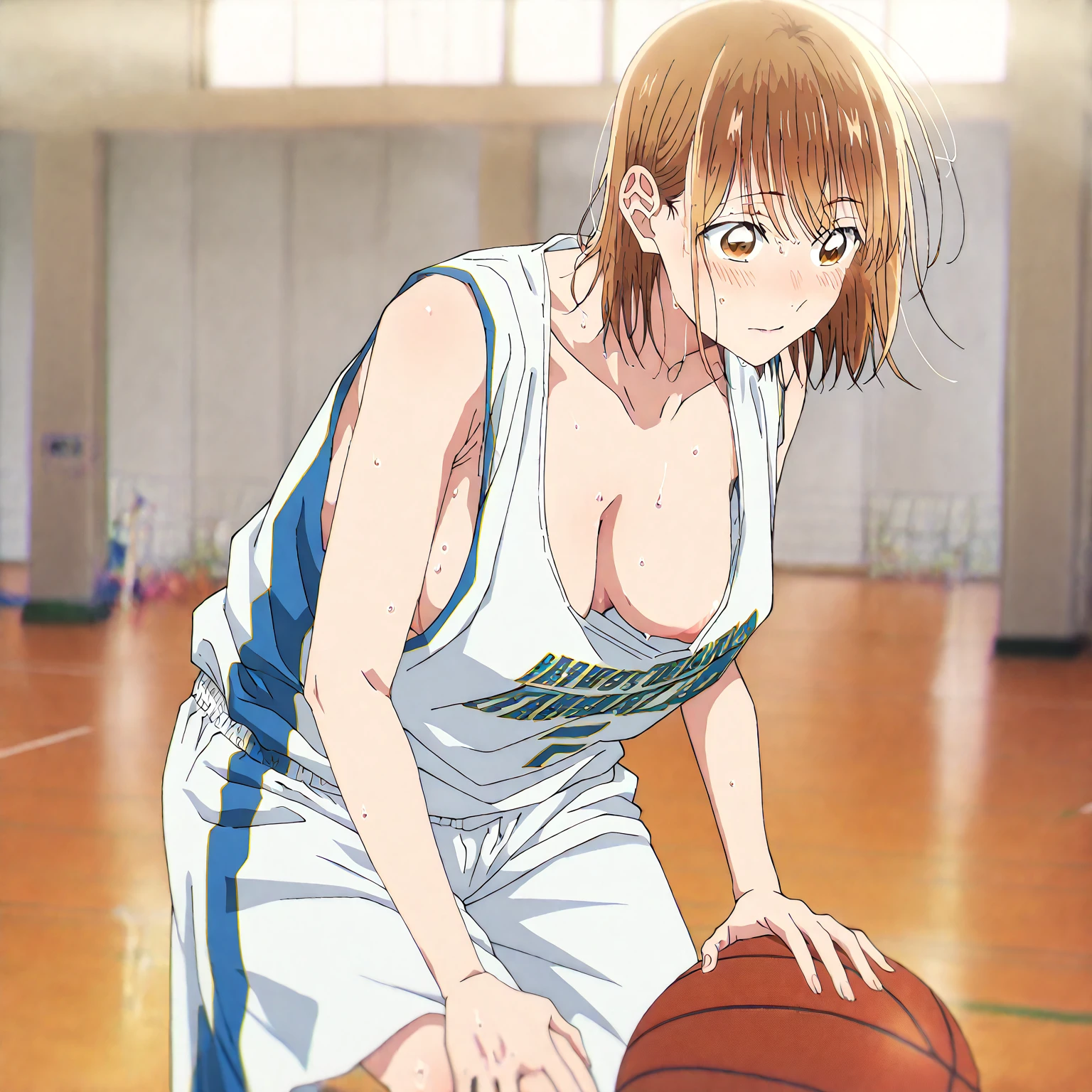       1 girl, Alone, Chinatsu,     Blurred Background,       brown eyes、       basketball uniform with a basketball in one hand 、  shirtless in the lobby、NSFW、      tank top 、Bibs、 Inside is black 、naked 、  Skindent 、   large areolas supporting breasts 、      lean forward     、   put your hands on your knees、      small 、belly button、Gym、       basketball only      、    viewers, masterpiece,  top quality,       High Quality     ,             very aesthetic         ,       absurd、(       sleeveless 、  basketball only      、side、side汗、   blush、 sweaty、Raise your face  、    dribble、Move)、execution、     hopeless、      sweated、In motion、 basketball ring      