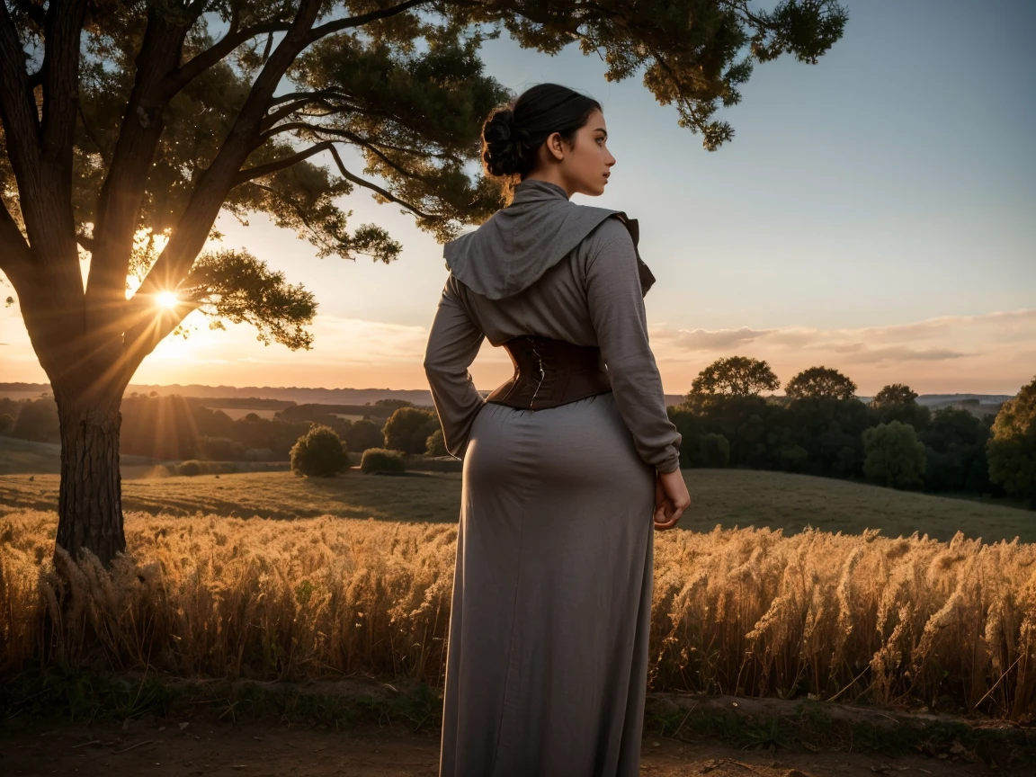 Beautiful and sensual busty athletic (delgado) Dark-haired peasant woman with sharp facial features wearing a modest updo, medieval hair covering, gray and brown medieval pants made of rough yarn, long sleeves, wide collar, long dress, tight bodice, corset, middle Ages, cabin, farm, exterior, trees, field, evening, Sunset.What?(((take it from behind)))), (((fat ass))), (((((Full body shot))))), (((looking to the camera)))