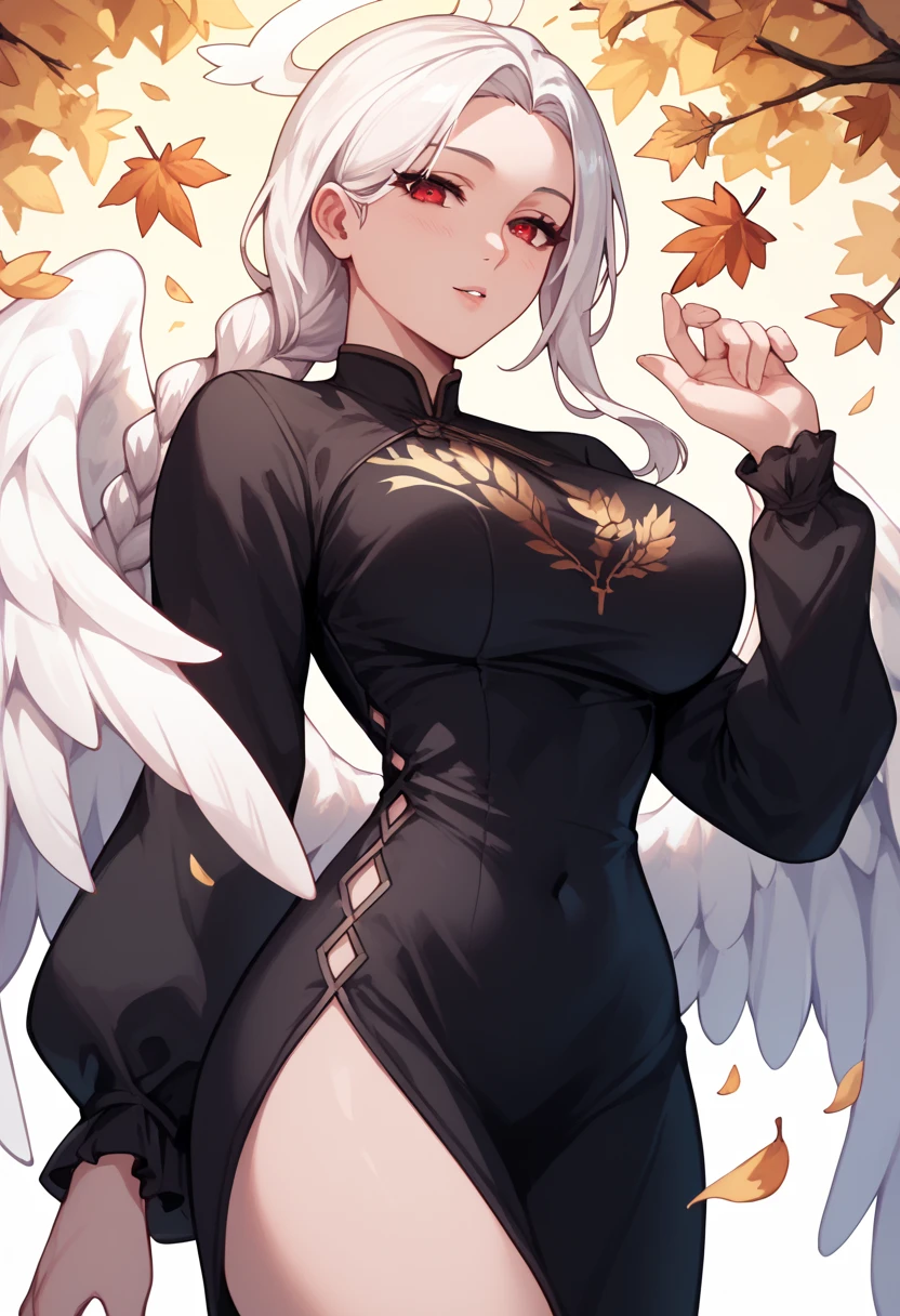 Woman, white hair, braided ponytail, Black dress with golden leaves print Neckline , Red eyes ,Big breasts,Six large angel wings,