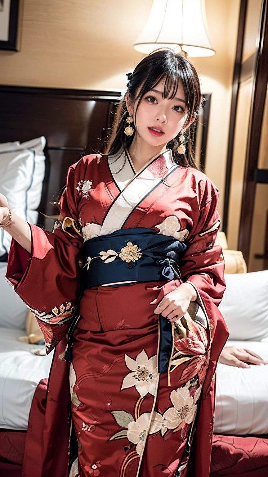 8K Historical drama style Beautiful slender Japanese child princess with long black hair Gorgeous embroidery, Ultra glossy, She is wearing a shiny Heian period princess kimono. She exposes her nipples and squeezes out breast milk on the futon