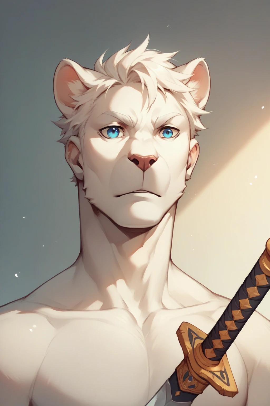 An animal panther with white fur, a male with white hair who has a sword, blue eyes and who wears rogue clothing, the character from head to toe and puts on a drawing sheet