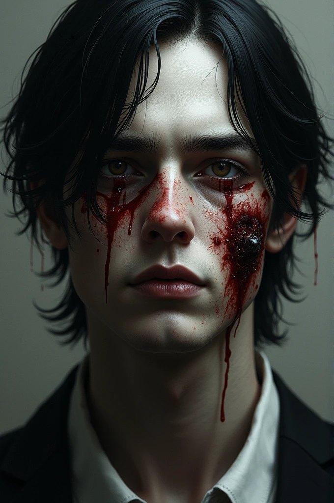 man with a bloody face and tie, his eyes are bleeding intense,handsome guy