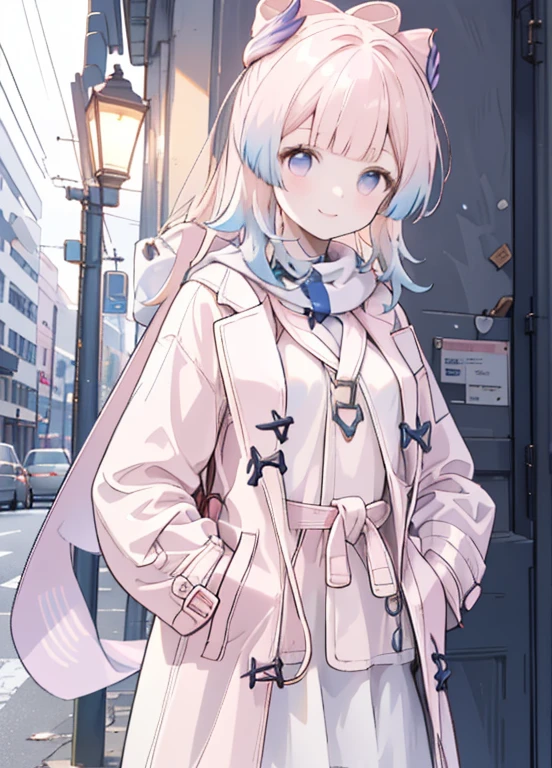 CocomiDef,  upper body, smile, , (((light pink duffle coat,Wrap the scarf around your neck, white sweater, white skirt))),gloves, normal breasts,night,Street lamp,  simple background, blue null, , null, Street Corner,  viewers,  moody lighting ,  facing the front,( put hands in pockets))
