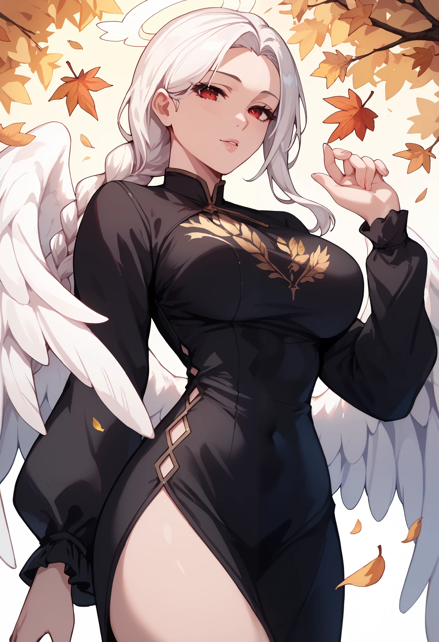 Woman, white hair, braided ponytail, Black dress with golden leaves print Neckline , Red eyes ,Big breasts,Six large angel wings,