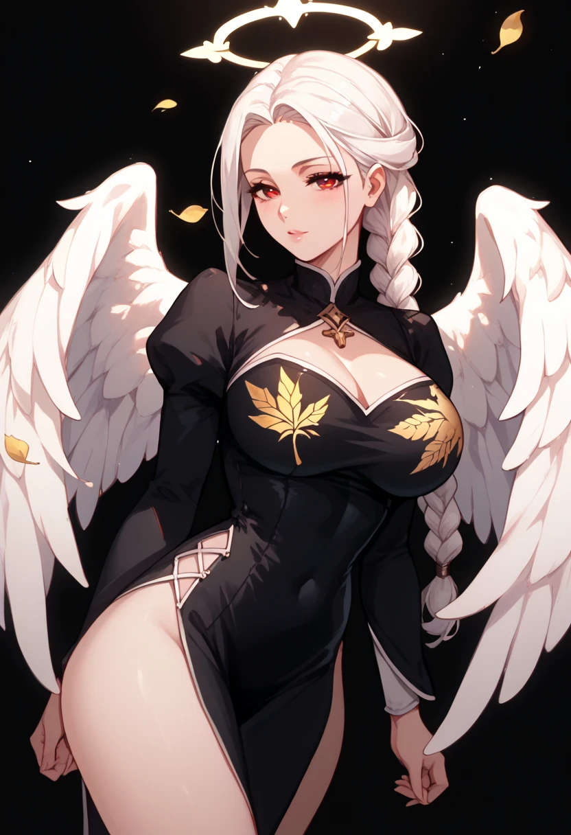 Woman, white hair, braided ponytail, Black dress with golden leaves print Neckline , Red eyes ,Big breasts,Six large angel wings,