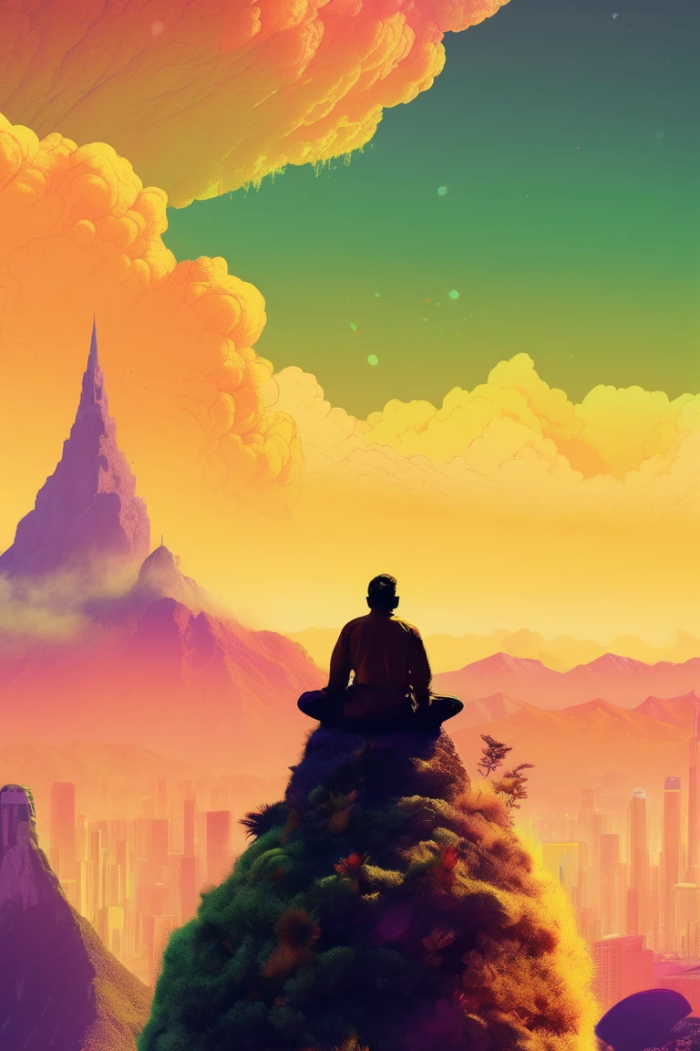  Kilian Eng style with citrus colors. Acid a poster of a man sitting upright and straight with his back on the top of a mountain meditating, and in the background a distant city . beautiful  movie poster , Key art of the film ,  movie poster without text ,  movie poster ,  movie poster , movie poster style ,  film grain,  concept art of the film , ,  cinematic wallpaper 4k ,  cinematic wallpaper 4k , filmic,  cinematic atmosphere , , film records,