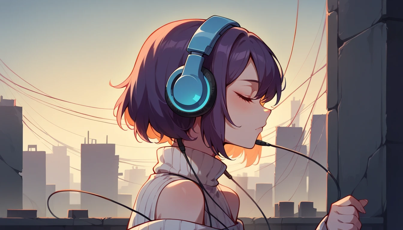 profile.  upper body shot.  HER HAS OVERSIZED ,  thick white sweater .  cable knit.  listening to music with headphones,Drop your shoulders.  her hands are attached to headphones .  her eyes are closed, Her eyelashes are thick and long , she is on the left side of the screen 、 The right side of the screen is the evening sky 、The sky that changes from purple to blue 、Cityscape、