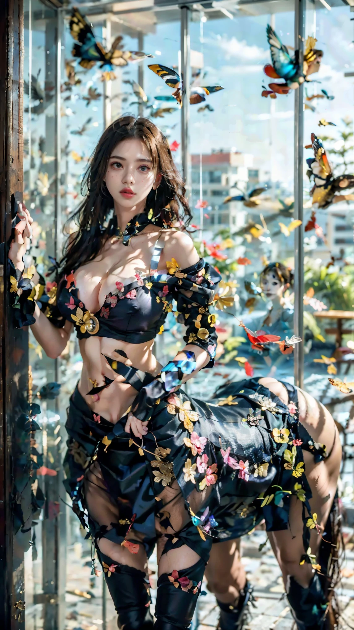 long sleeves, off shoulder bra navel layered skirt butterfly hair ornament multi-colored hair,Striped hair,Cross Bangs,Messy hair,Colored contact lenses,Flower-shaped pupil,make up,shy,Blush,Parted lips,Heavy breathing,moan,torogao,Surrealism,Realism,Movie Lighting,God Rays,Relief,Sony FE GM,Retina,masterpiece,precise,Anatomically correct,Textured Skin,Super Detail,High Detail,best quality,Beautiful dance dynamics, Long legs , Water play,Sitting,Sitting in the pool,play, ((Flowing long hair))Official Art , ((Bright pastel colors)), Unity8k Wallpaper , Extremely detailed , Visible cleavage, Pretty and beautiful , Sexy long legs, masterpiece , best quality ,Practical, Very detailed illustrations ,Extremely detailed , Intricate details , Extremely complex and detailed , Very detailed 8KCG wallpaper , Caustics .reflection , Ray Tracing , Devil Theme ,nebula ,Dark aura, Network Effects , (1 Girl)Solitary , 小蓝Butterfly , (Blue plasma flame , (insect , Butterfly)) 圣光Butterfly天使 , Pastel tones in Rococo style ,Light white and light dark red , Incredibly beautiful , Cherry blossoms ,painting , Ethereal , Mixing reality and fantasy elements, Complex patterns , Delicate lines , Perfect your hands, Starry Sky , rich and colorful , Star