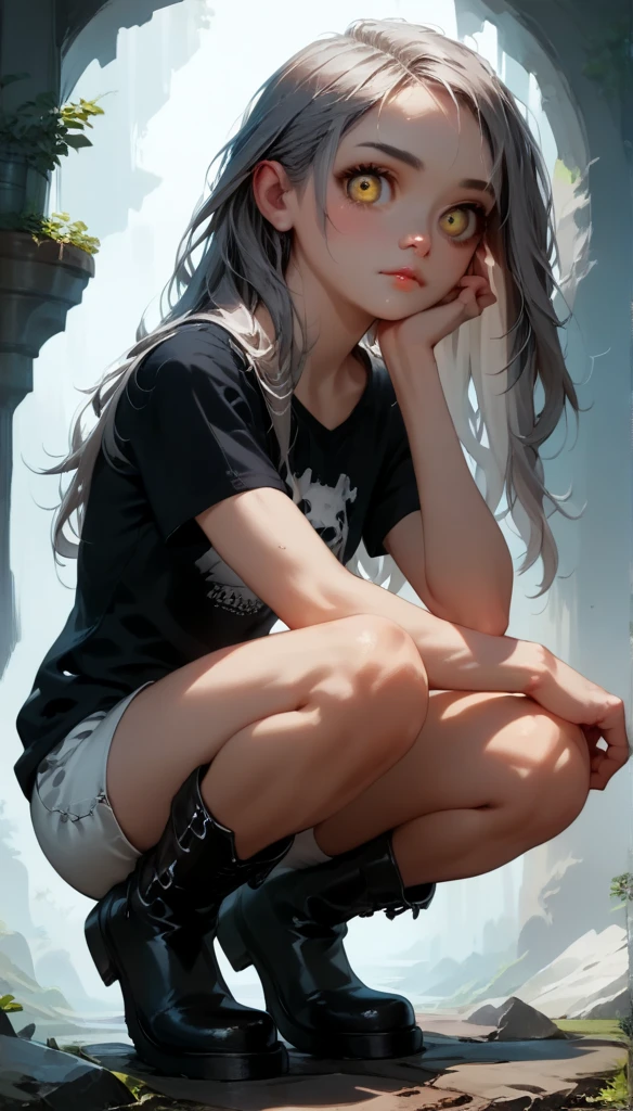   raw photos from the last century  、  realistic  、  top quality 、masterpiece, Gray Hair,  金色の縞模様のGray Hair  ,   super cute girl  ,   yellow eyes.   squat,   gothic t-shirt   ,   Gothic Shorts   ,   black boots ,  Little Sister ,  cute girl,   anime style art   ,   Detailed Illustration   ,   bright color ,    Beautiful null landscape similar to Magical Cute Null Blue Stream Overlay Scene ,   focused gaze,   Edgy Look   , Expressive ,  Unique style  , Eye-catching, , Detailed hair  ,   realistic   shadows, 8k
