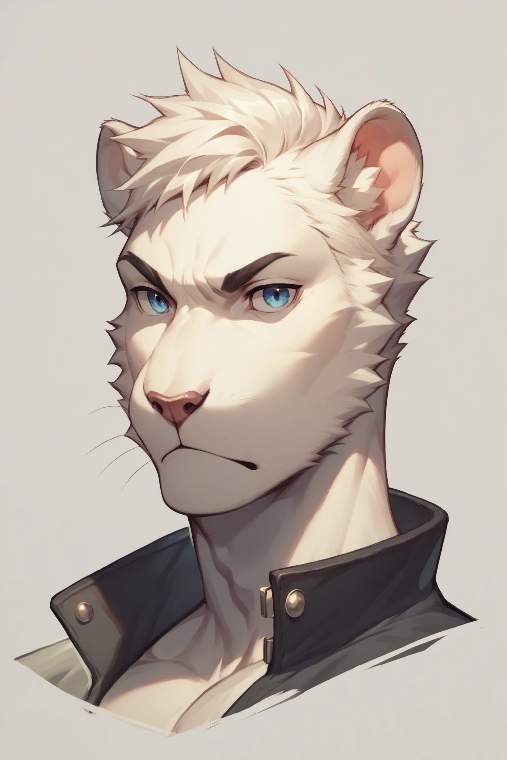 An animal panther with white fur, a male with white hair who has a sword, blue eyes and who wears rogue clothing, the character from head to toe and puts on a drawing sheet
