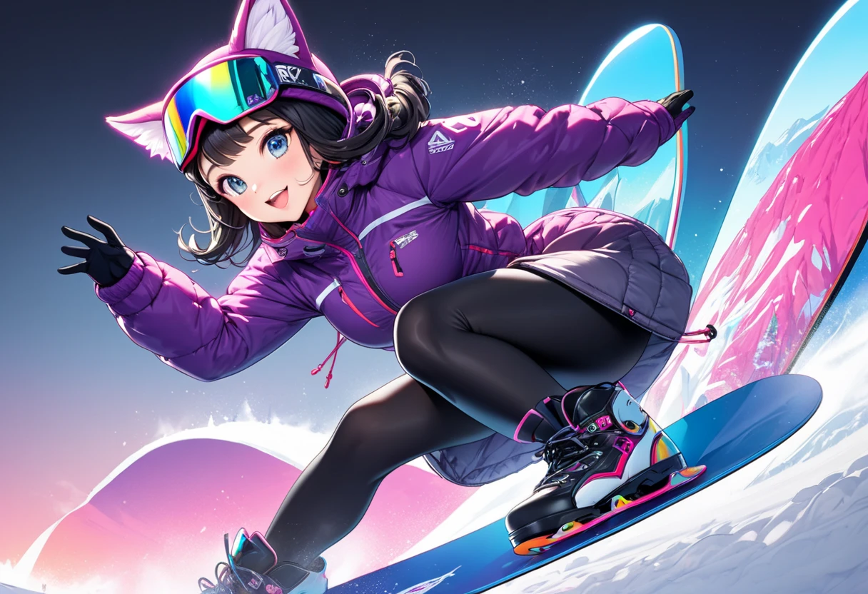  panorama,  PROFILE ,  bust up shot, (( snowboarder style ,   ultra jump pose  )), ((}  master ride on a big snowboard with great attention to detail )), break, Alone, (Age 15,   super sexy and beautiful girl  ), ( cute Hope Smile in a duffle coat  ), ( very beautiful face ), ( cute shiny lips ), (small open mouth ), (  super sexy and beautiful eyes  ), (Black fox ears), (  beautiful bright black hair  ), (( delicate dull bangs )), ( beautiful long hair ), ( sexy body style  ), (  Is 84cm C cup  ), break, ( size ,   underwear is a medium skirt  , black tights), break, ( Very beautiful illustration ), (  snowboarding Depiction of her having fun ),  Super Resolution, 16k, break, So (  snowboarding test course  ),   background snowy slope  , break, (  super beautiful and delicate  ),  Perfect Anatomy, masterpiece,  super high quality ,   beautifully detailed winter  , dreamy expression . neon color、Neon Outline、