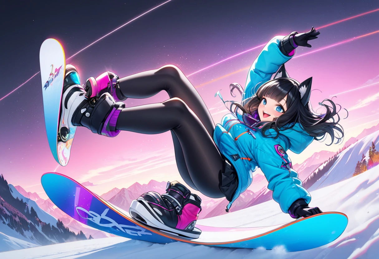  panorama,  PROFILE ,  bust up shot, (( snowboarder style ,   ultra jump pose  )), ((}  master ride on a big snowboard with great attention to detail )), break, Alone, (Age 15,   super sexy and beautiful girl  ), ( cute Hope Smile in a duffle coat  ), ( very beautiful face ), ( cute shiny lips ), (small open mouth ), (  super sexy and beautiful eyes  ), (Black fox ears), (  beautiful bright black hair  ), (( delicate dull bangs )), ( beautiful long hair ), ( sexy body style  ), (  Is 84cm C cup  ), break, ( size ,   underwear is a medium skirt  , black tights), break, ( Very beautiful illustration ), (  snowboarding Depiction of her having fun ),  Super Resolution, 16k, break, So (  snowboarding test course  ),   background snowy slope  , break, (  super beautiful and delicate  ),  Perfect Anatomy, masterpiece,  super high quality ,   beautifully detailed winter  , dreamy expression . neon color、Neon Outline、