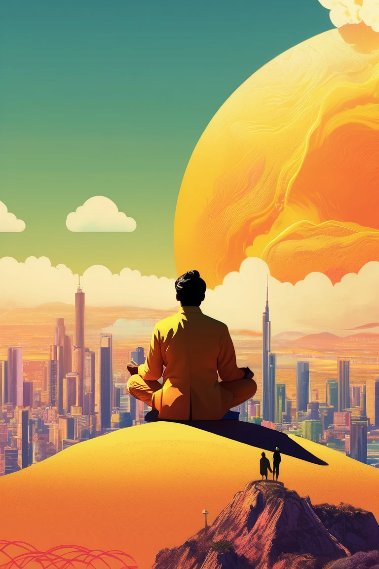  Kilian Eng style with citrus colors. Acid a poster of a man with his back sitting on his back on the top of a mountain meditating, And in the background a distant city with some tall and faint buildings. beautiful  movie poster , Key art of the film ,  movie poster without text ,  movie poster ,  movie poster , movie poster style ,  film grain,  concept art of the film , ,  cinematic wallpaper 4k ,  cinematic wallpaper 4k , filmic,  cinematic atmosphere , , film records,