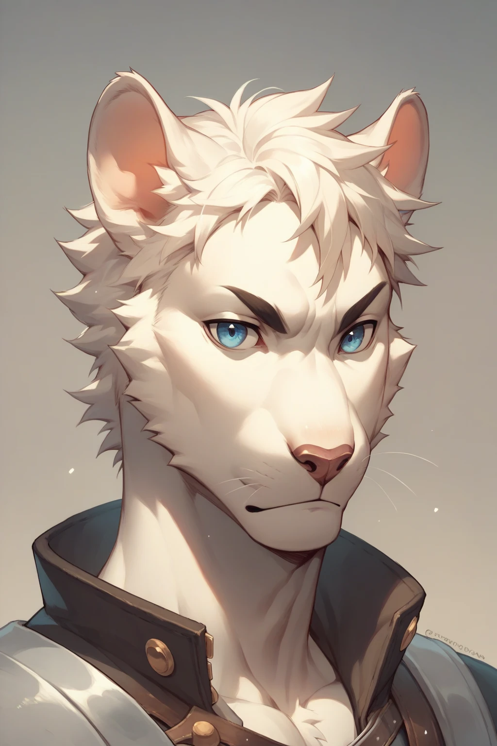 An animal panther with white fur, a male with white hair who has a sword, blue eyes and who wears rogue clothing, the character from head to toe and puts on a drawing sheet
