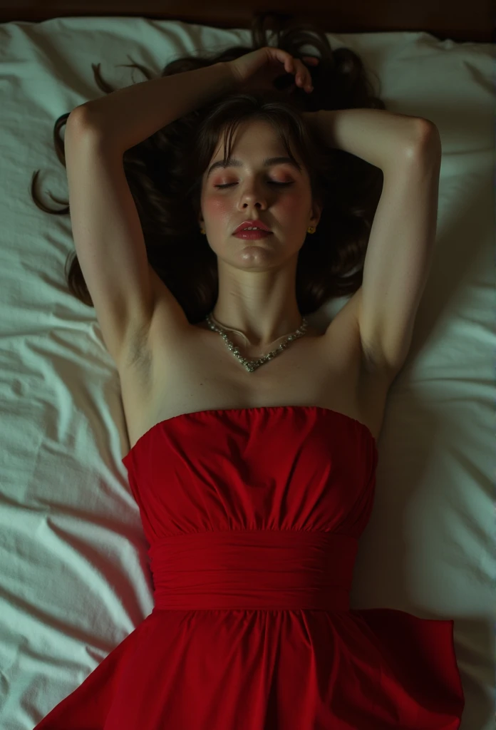 emmamyers, picture from above, lying limp on a bed on back, red strapless dress , drunk face, arms up