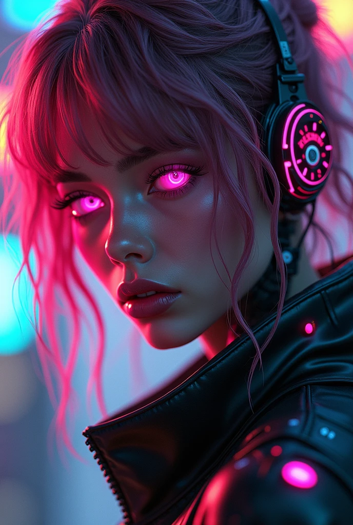 (Close-up of a better masterpiece: 1.5) 0.9], (Garota synthwave defined body, perfect muscles, huge breasts: 1.2) (long curly BLUE hair, Wearing Headphones: 1.1) (Xanthochromia, Heterochromia and red eyes: 1.2) (wearing a purple jacket: 1.0) (thick lips: 1.0) (background a dark and rainy futuristic city: 1.1) high definition, in detail, 4K