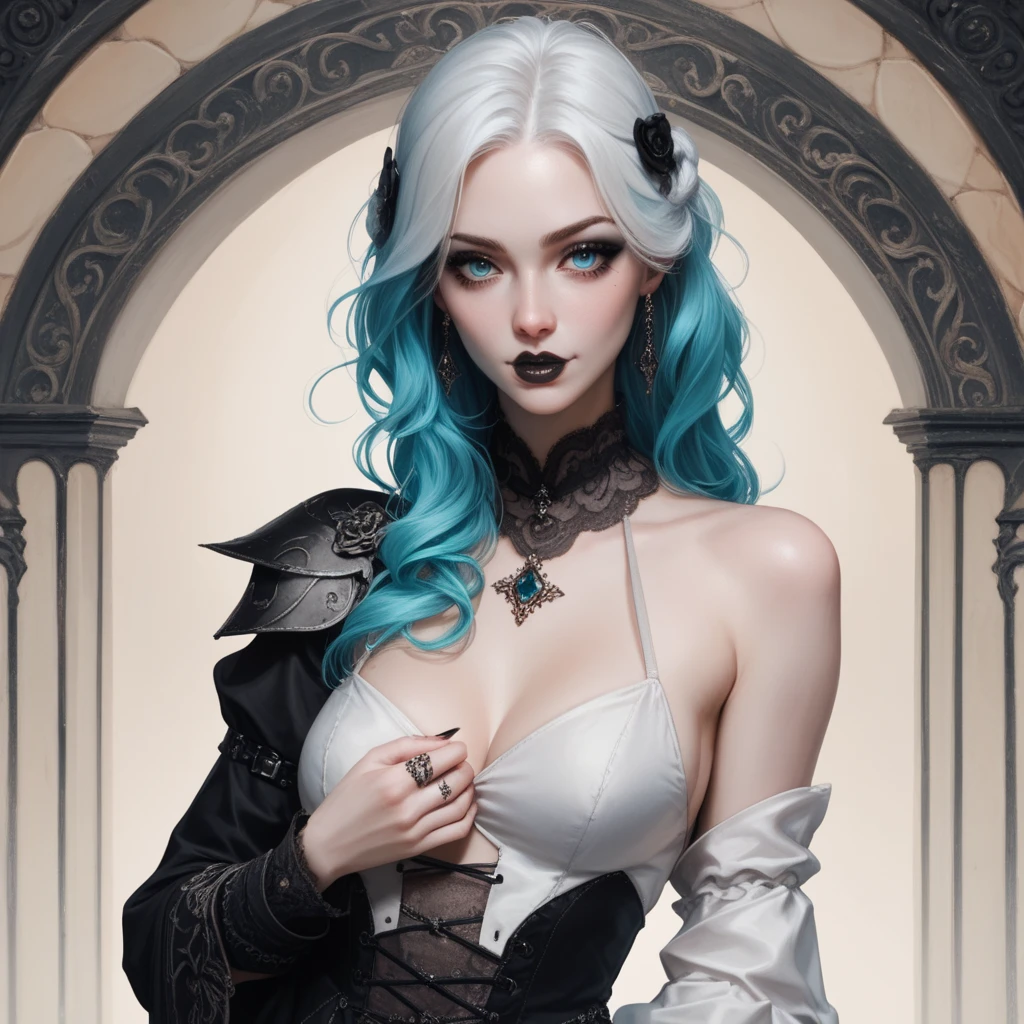 Generate an image of 22-year-old woman
with a gothic style
shoulder length wavy white hair short
dark long medieval dress
black rings
black pointed nails
cyan eyes
all body, white hair with cyane tips
black lipstick
black eye makeup
long legs