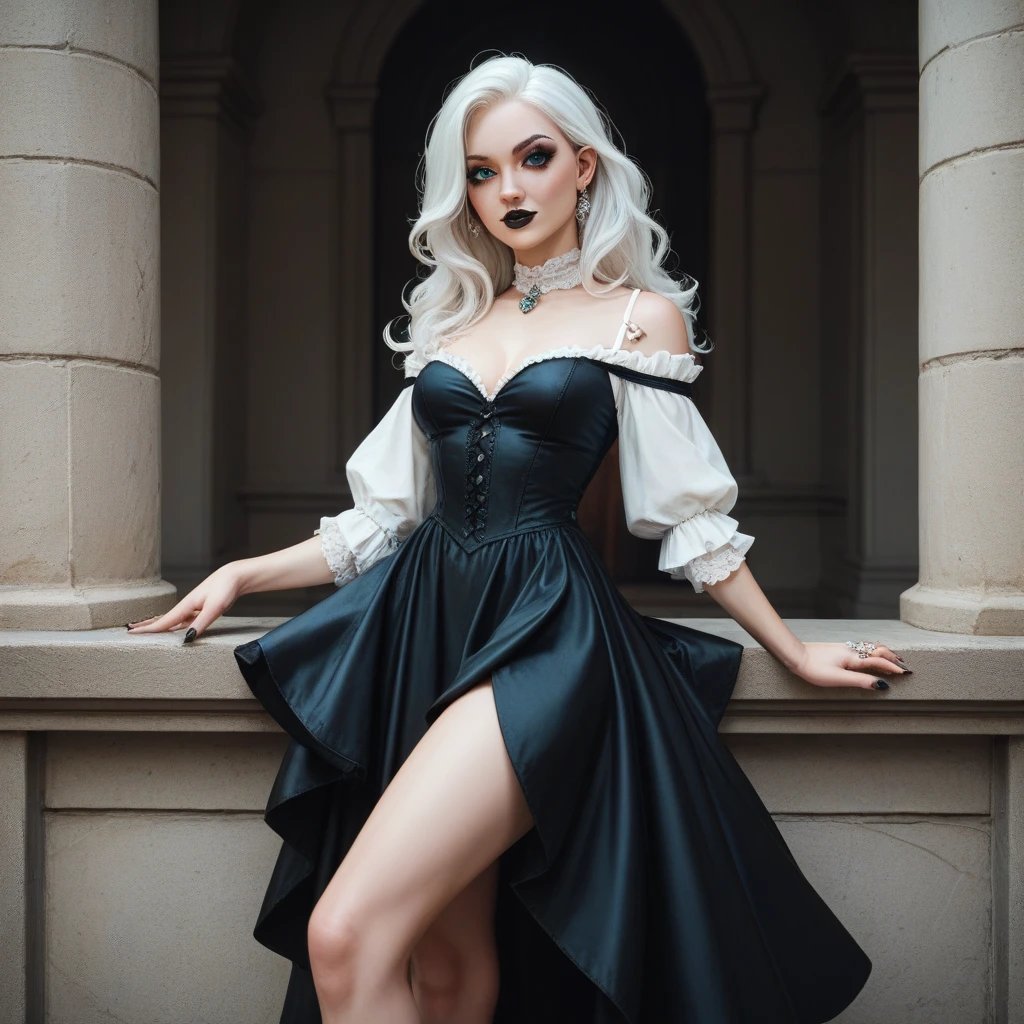 Generate an image of 22-year-old woman
with a gothic style
shoulder length wavy white hair short
dark long medieval dress
black rings
black pointed nails
cyan eyes
all body, white hair with cyane tips
black lipstick
black eye makeup
long legs