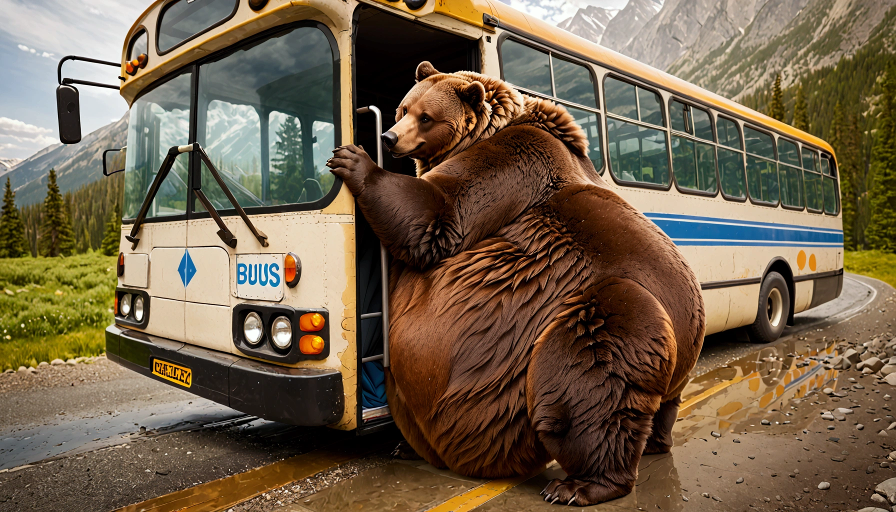 A massive grizzly bear with an unbelievably extremely massive belly, so heavy it drags along the ground, struggles to fit through the narrow doorway of a bus. Its belly presses tightly against the edges of the frame, bulging slightly as it slowly pushes forward, causing the bus to creak under the strain. The bear's fur brushes against the door as it inches through, its sheer size making the task difficult but not impossible, creating a tense yet humorous moment.