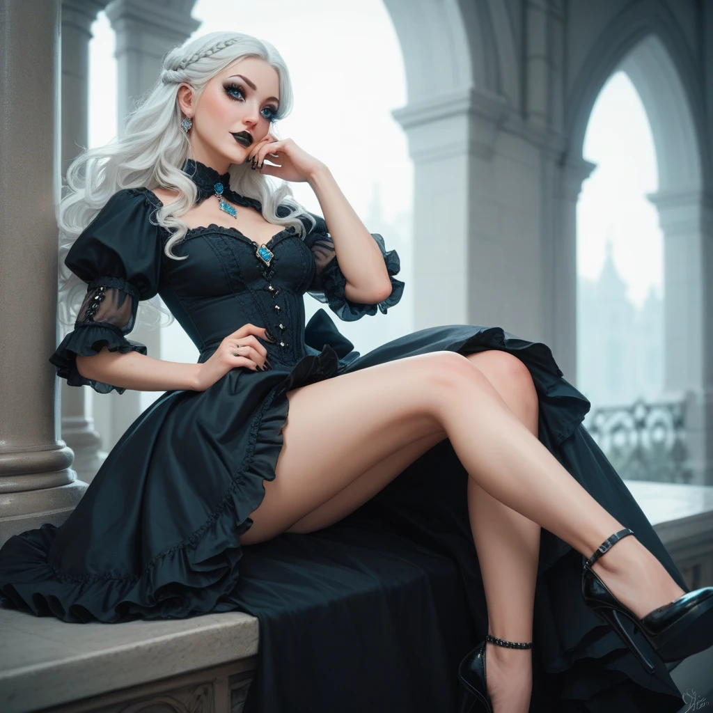 Generate an image of 22-year-old woman
with a gothic style
shoulder length wavy white hair short
dark long medieval dress
black rings
black pointed nails
cyan eyes
all body, white hair with cyane tips
black lipstick
black eye makeup
long legs