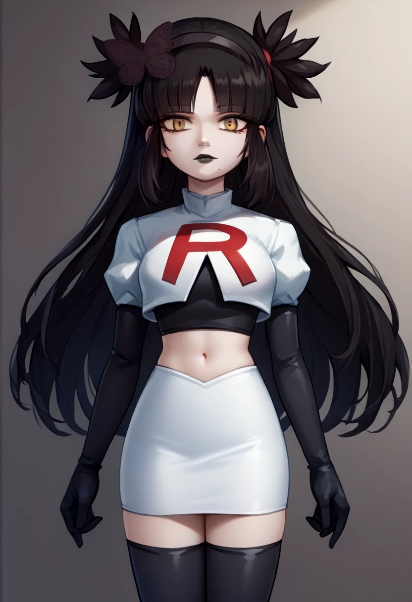 score_9, score_8_up, score_7_up, source_anime, solo, 1girl, mwophelia, mole under mouth, black lips, looking at viewer, two side up, butterfly hair ornament, hairband, team rocket,team rocket uniform,white skirt,red letter R,crop top,black thigh-highs,black elbow gloves