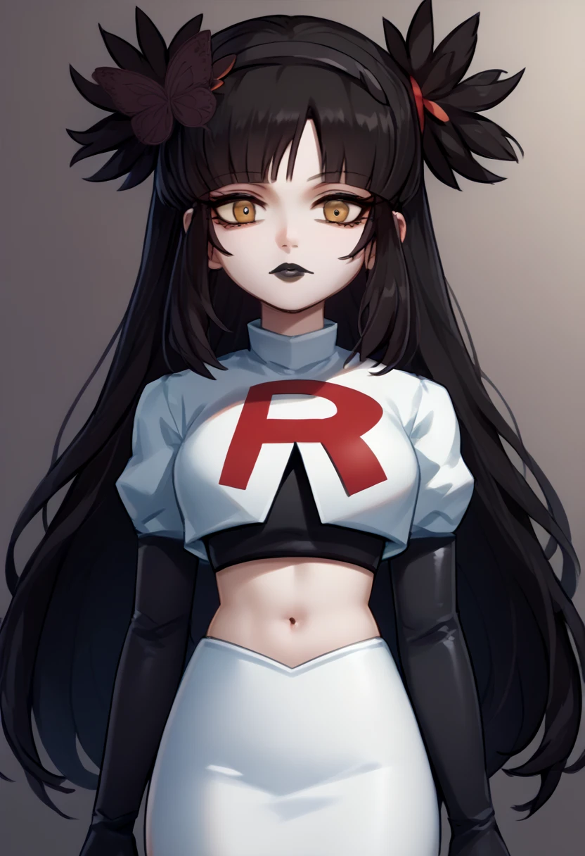 score_9, score_8_up, score_7_up, source_anime, solo, 1girl, mwophelia, mole under mouth, black lips, looking at viewer, two side up, butterfly hair ornament, hairband, team rocket,team rocket uniform,white skirt,red letter R,crop top,black thigh-highs,black elbow gloves