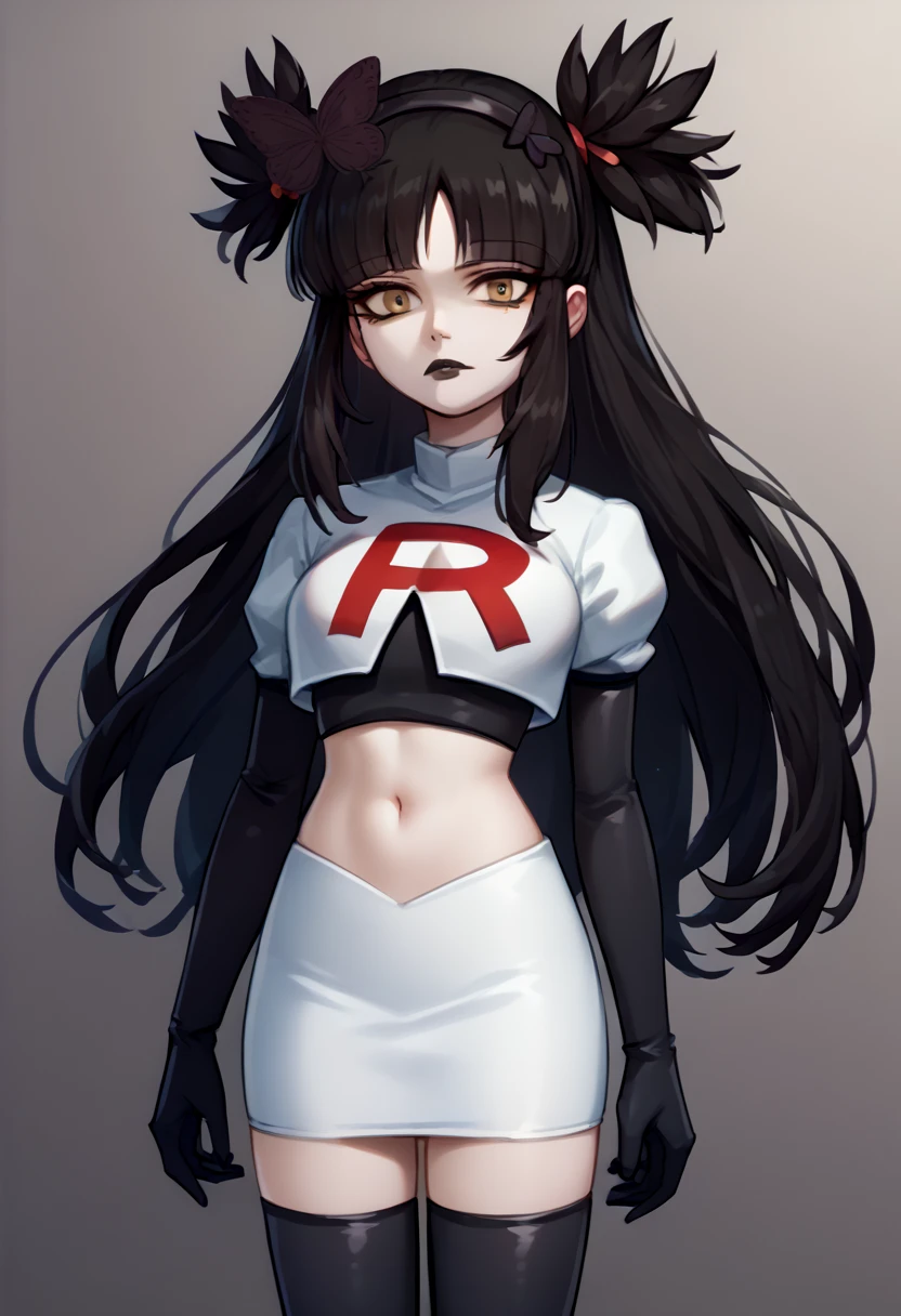 score_9, score_8_up, score_7_up, source_anime, solo, 1girl, mwophelia, mole under mouth, black lips, looking at viewer, two side up, butterfly hair ornament, hairband, team rocket,team rocket uniform,white skirt,red letter R,crop top,black thigh-highs,black elbow gloves