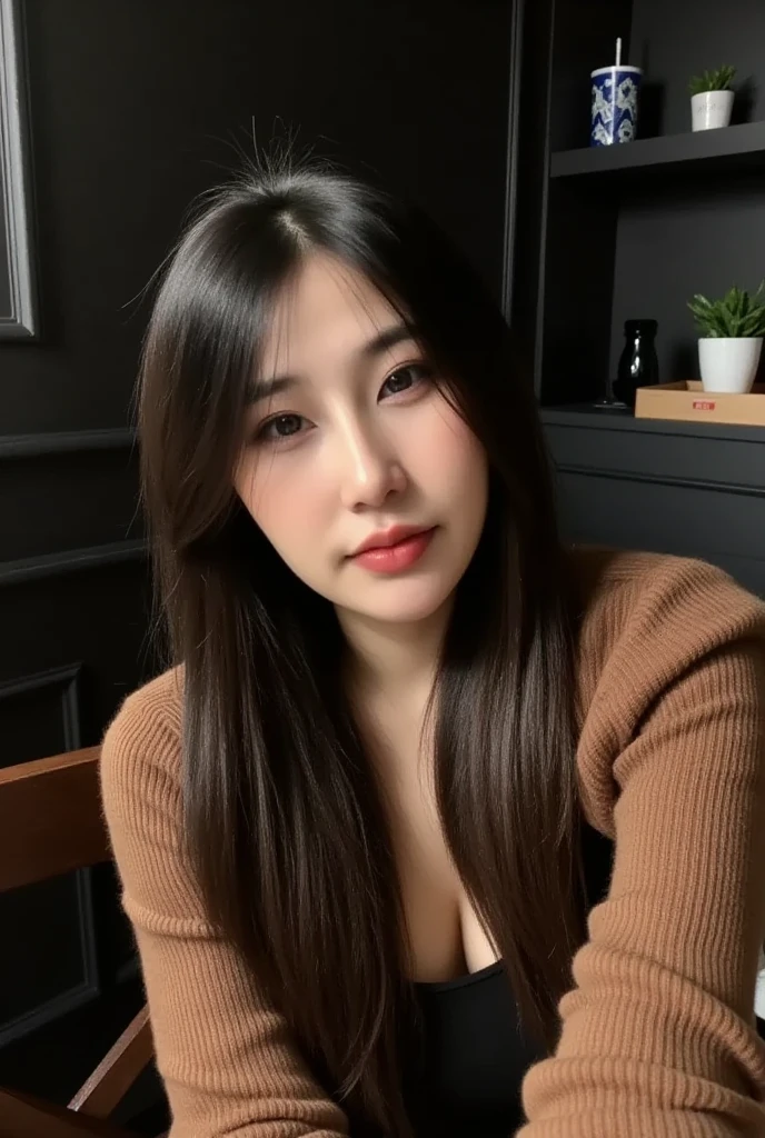 20's Korean Girl, Masterpiece Detail 4K, Deep Focus, Clear Focus on Facial Details, Light Hitting Skin Makes Skin Highlight (Natural Light, Good Light, Afternoon Light), Natural Breasts, Brown Sweater, Sitting in a Sexy Magazine Style Pose, Full Body, Room with Black Walls.