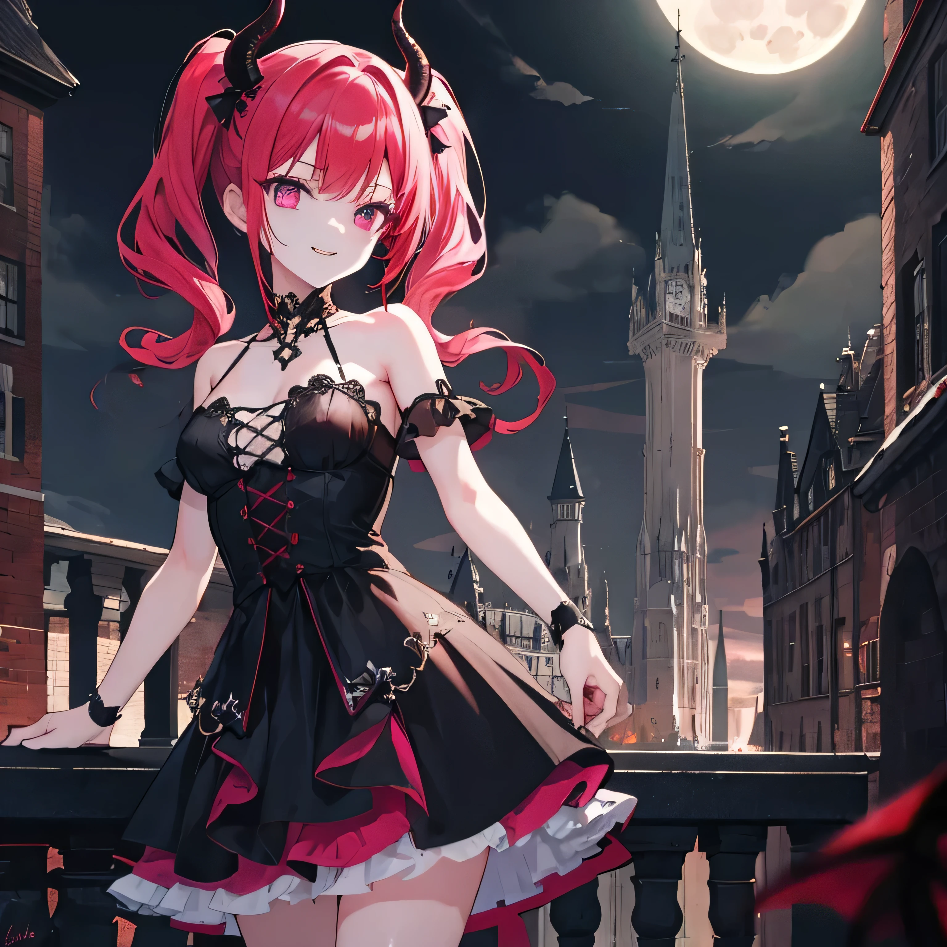 Standing on a balcony under the moon . mysterious and gloomy. Volumetric cloud light, .,  High resolution， perfect composition , Perfect face,  perfect body,  cinematic lighting，together，whip，latex，negro, Demon Castle

A Gothic costume showing the collarbone
Satanichia McDowell beautiful smile
Lonely girl beautiful gentle look
magenta eyes and 
Red hair tied with 2 pigtails 

beautiful detailed hands and arms