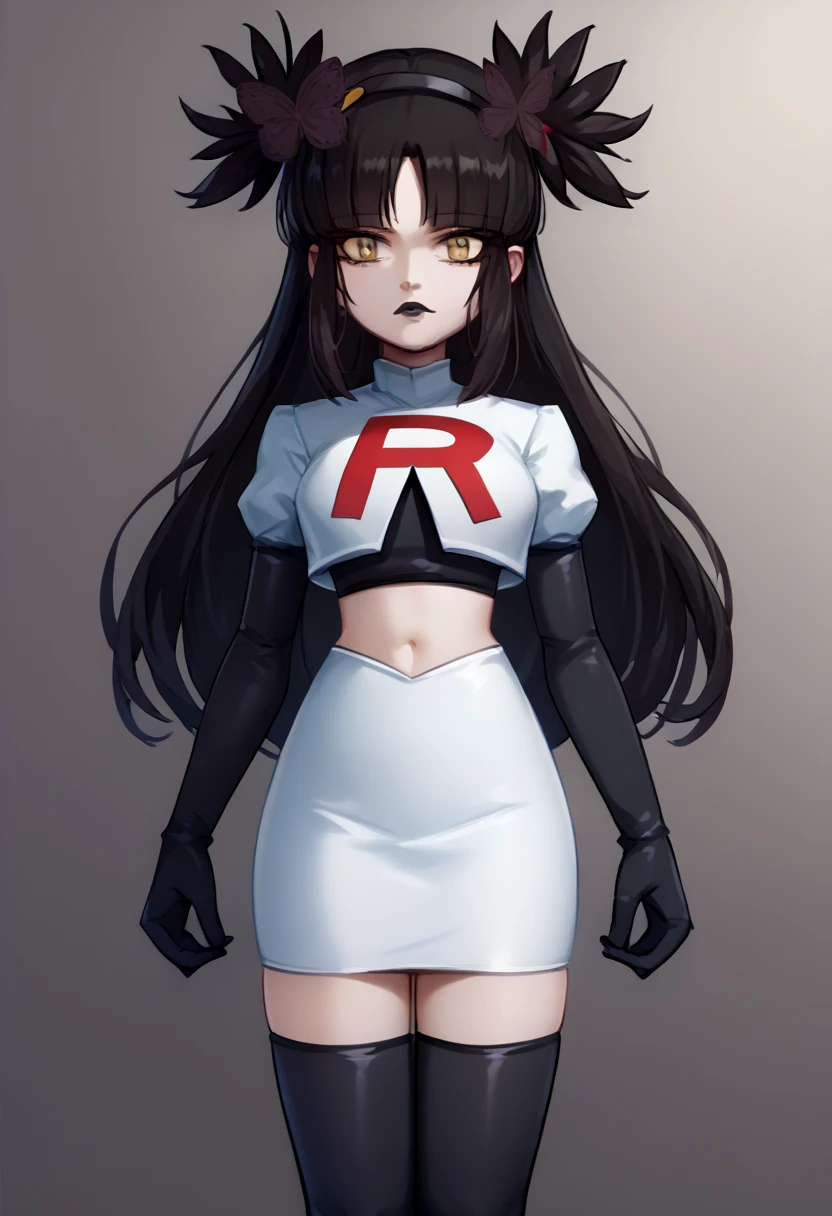 score_9, score_8_up, score_7_up, source_anime, solo, 1girl, mwophelia, mole under mouth, black lips, looking at viewer, two side up, butterfly hair ornament, hairband, team rocket,team rocket uniform,white skirt,red letter R,crop top,black thigh-highs,black elbow gloves