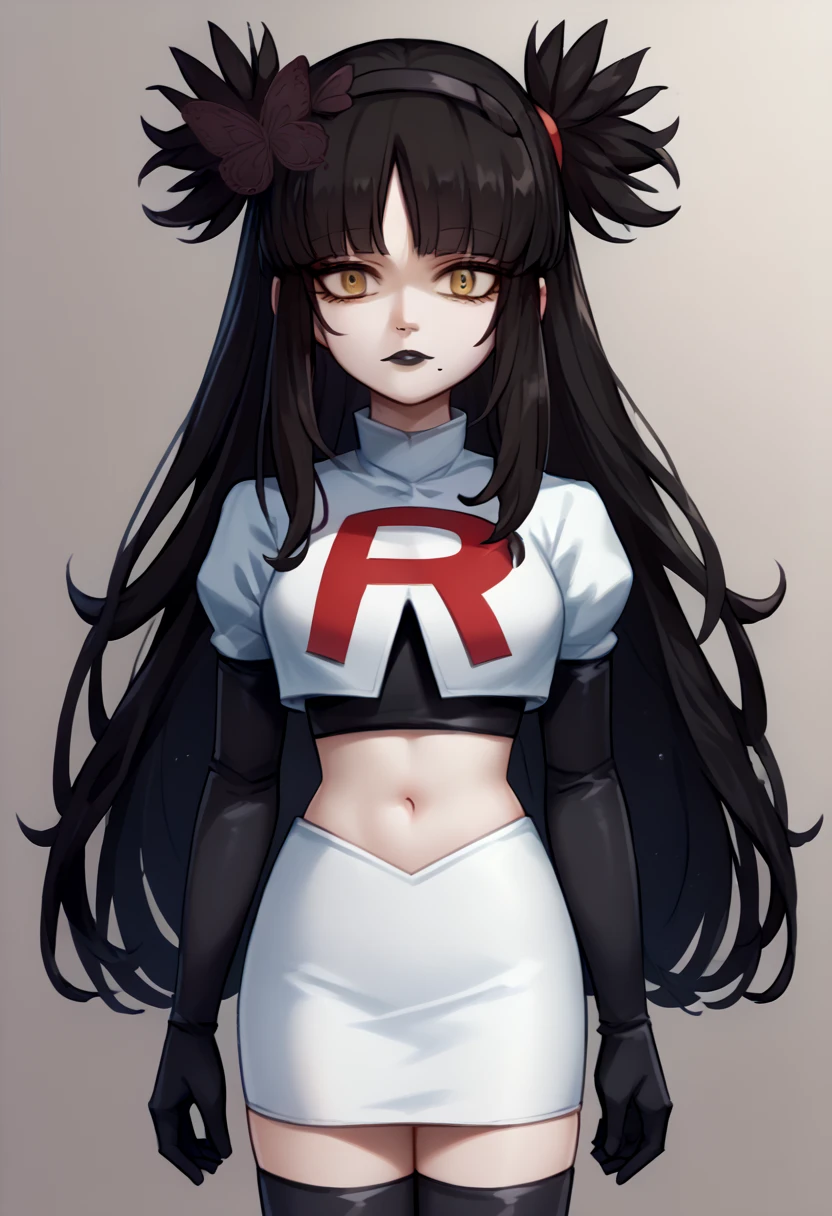 score_9, score_8_up, score_7_up, source_anime, solo, 1girl, mwophelia, mole under mouth, black lips, looking at viewer, two side up, butterfly hair ornament, hairband, team rocket,team rocket uniform,white skirt,red letter R,crop top,black thigh-highs,black elbow gloves