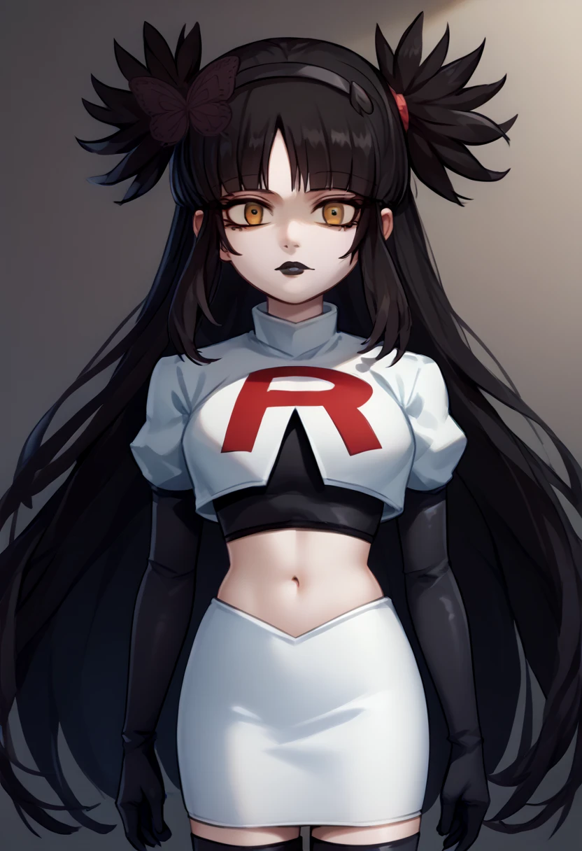 score_9, score_8_up, score_7_up, source_anime, solo, 1girl, mwophelia, mole under mouth, black lips, looking at viewer, two side up, butterfly hair ornament, hairband, team rocket,team rocket uniform,white skirt,red letter R,crop top,black thigh-highs,black elbow gloves