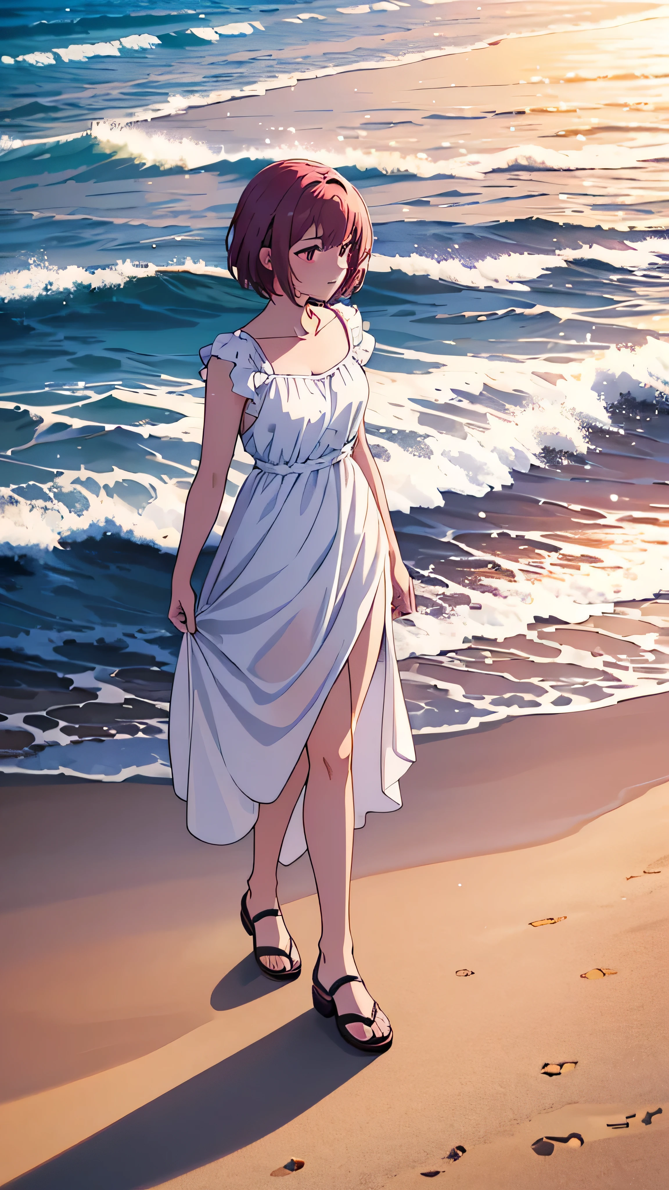 ( very detailed and high quality illustration ),(Best lighting and shadow effects,  super real ),  Beach ,  young girl with short light maroon hair in white satin dress, Gazing thoughtfully at the sea,白いサテンのドレスで、 full body high quality image 