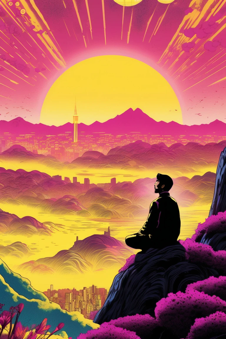  Kilian Eng style with citrus colors. Acid a poster of a man with his back sitting on his back on the top of a mountain meditating in natural, And in the background a distant city with some tall and faint . beautiful  movie poster ,  Key art of the film ,  movie poster without text ,  movie poster ,  movie poster , movie poster style ,  film grain,  concept art of the film , ,  cinematic wallpaper 4k ,  cinematic wallpaper 4k , filmic,  cinematic atmosphere , , film records,  vibrant colors magenta and yellow  ,  inspired by graphic novel ,  Detailed comic art ,  in the style of Kilian Eng ,  in the style of Japanese woodcuts  , realism,  luminous and dreamlike scenes 