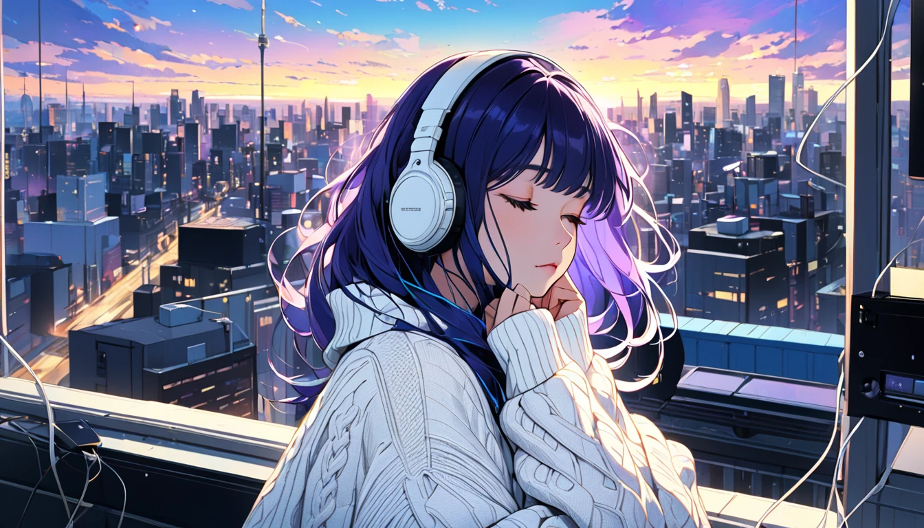 profile.  upper body shot.  HER HAS OVERSIZED ,  thick white sweater .  cable knit.  listening to music with headphones,Drop your shoulders.  her hands are attached to headphones .  her eyes are closed, Her eyelashes are thick and long , she is on the left side of the screen 、 The right side of the screen is the evening sky 、The sky that changes from purple to blue 、Cityscape、