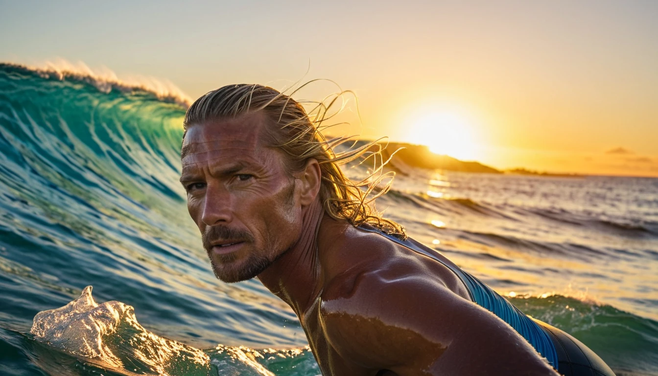 full body shot:1.4, A man with his surfboard surfing riding a big wave :1.5, ultra detailed, Extremely detailed face and eyes, Long hair blowing in the wind, wet skin, Ocean waves crashing, dramatic lighting, realist, cinematographic, dramatic, photorealistic, dynamic pose, Awesome, (Best Quality, 4k, 8k, High resolution, masterpiece:1.2), ultra detailed, (realist, photorealistic, photorealistic:1.37)