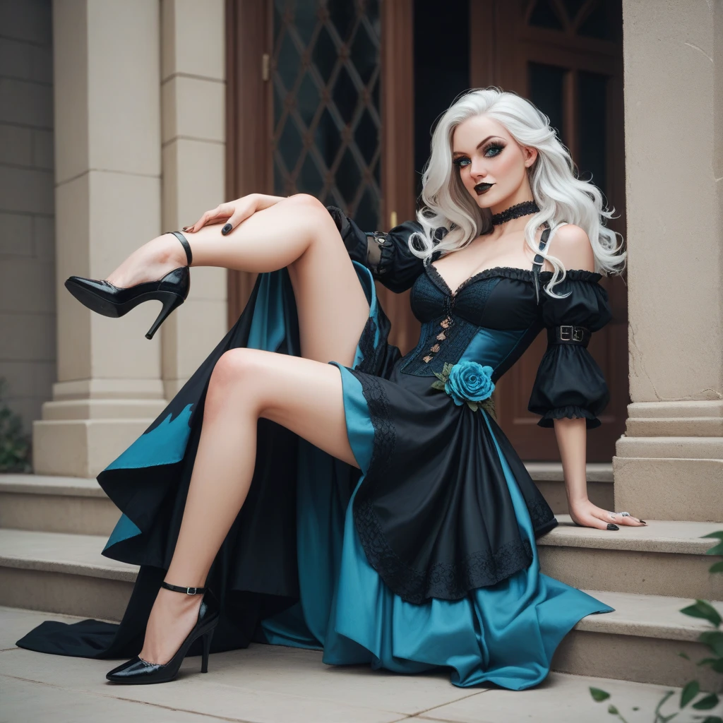 Generate an image of 22-year-old woman
with a gothic style
shoulder length wavy white hair short
dark long medieval dress
black rings
black pointed nails
cyan eyes
all body, white hair with cyane tips
black lipstick
black eye makeup
long legs