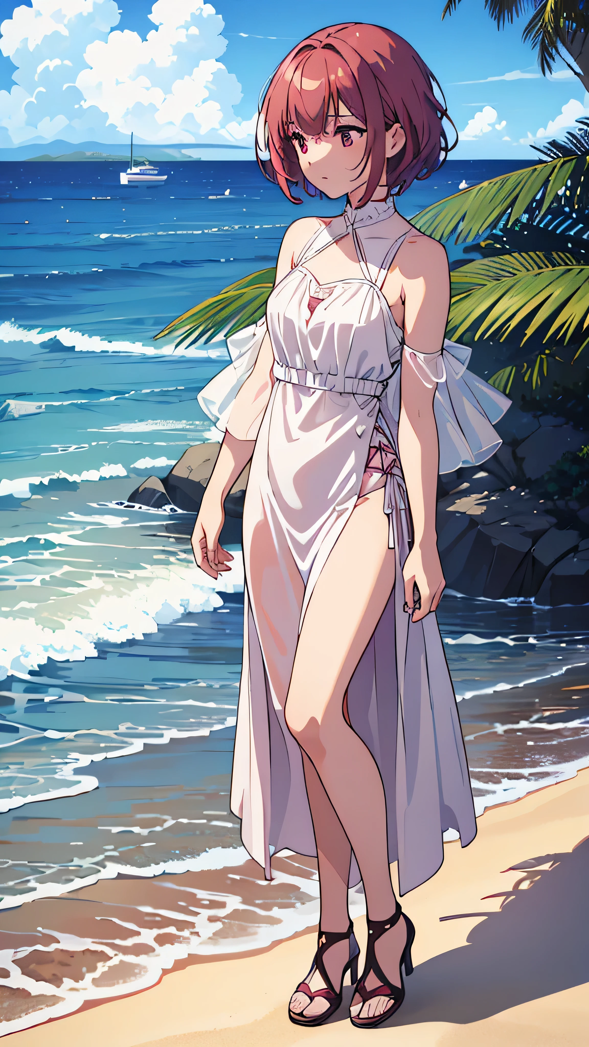 ( very detailed and high quality illustration ),(Best lighting and shadow effects,  super real ),  Beach ,  young girl with short light maroon hair in white satin dress, Gazing thoughtfully at the sea,白いサテンのドレスで、 full body high quality image 