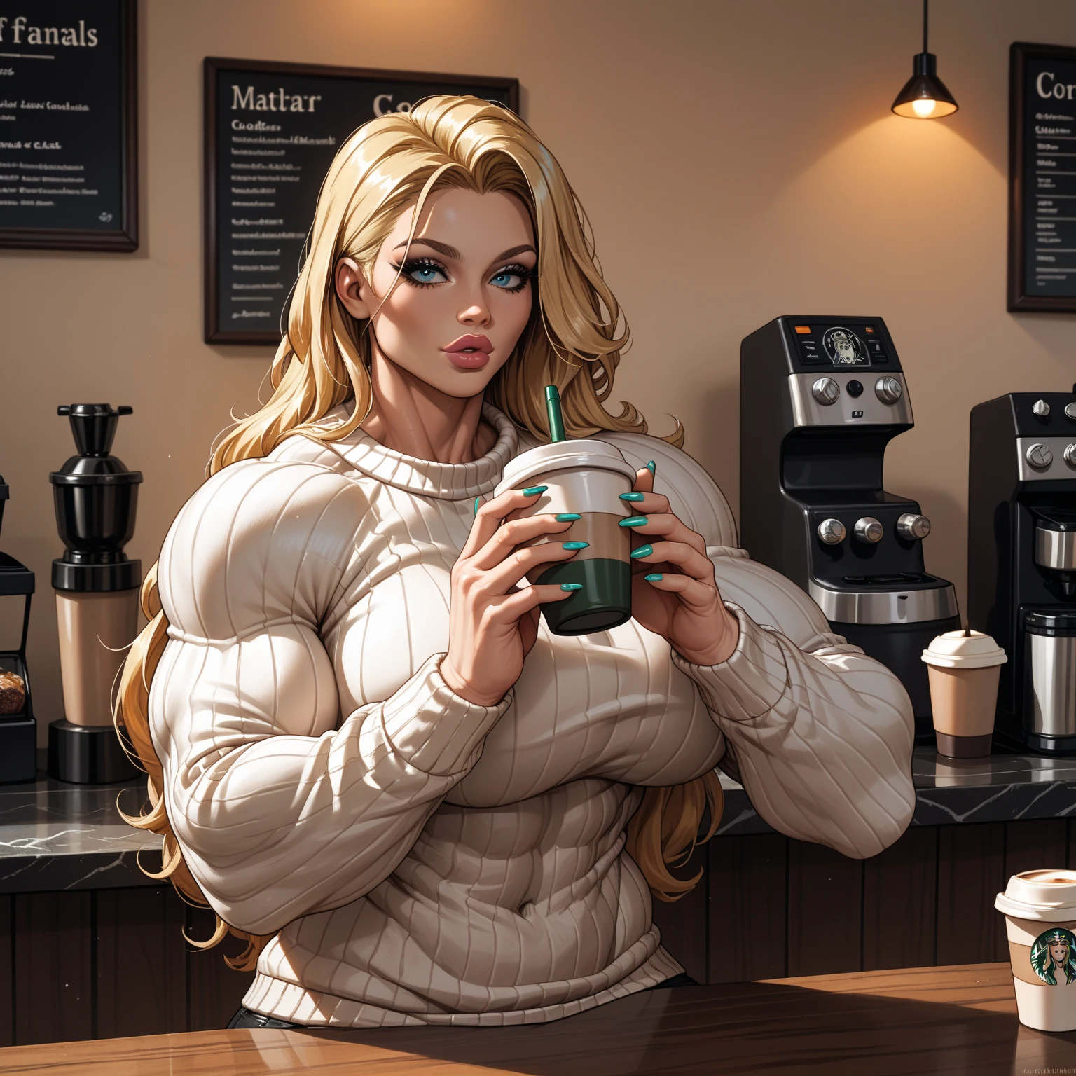 score_9, score_8_up, score_7_up,, close up (muscular_biceps_legs), blonde woman long hair, full lips, large breasts, broad shoulders, coffee shop, drinking coffee, tight  sweater, big arms, nailpolish fignernails, 